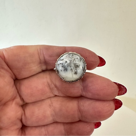 💕 Dendritic agate round gray silver overlay gemstone ring stamped 925 adjustable - Picture 6 of 7